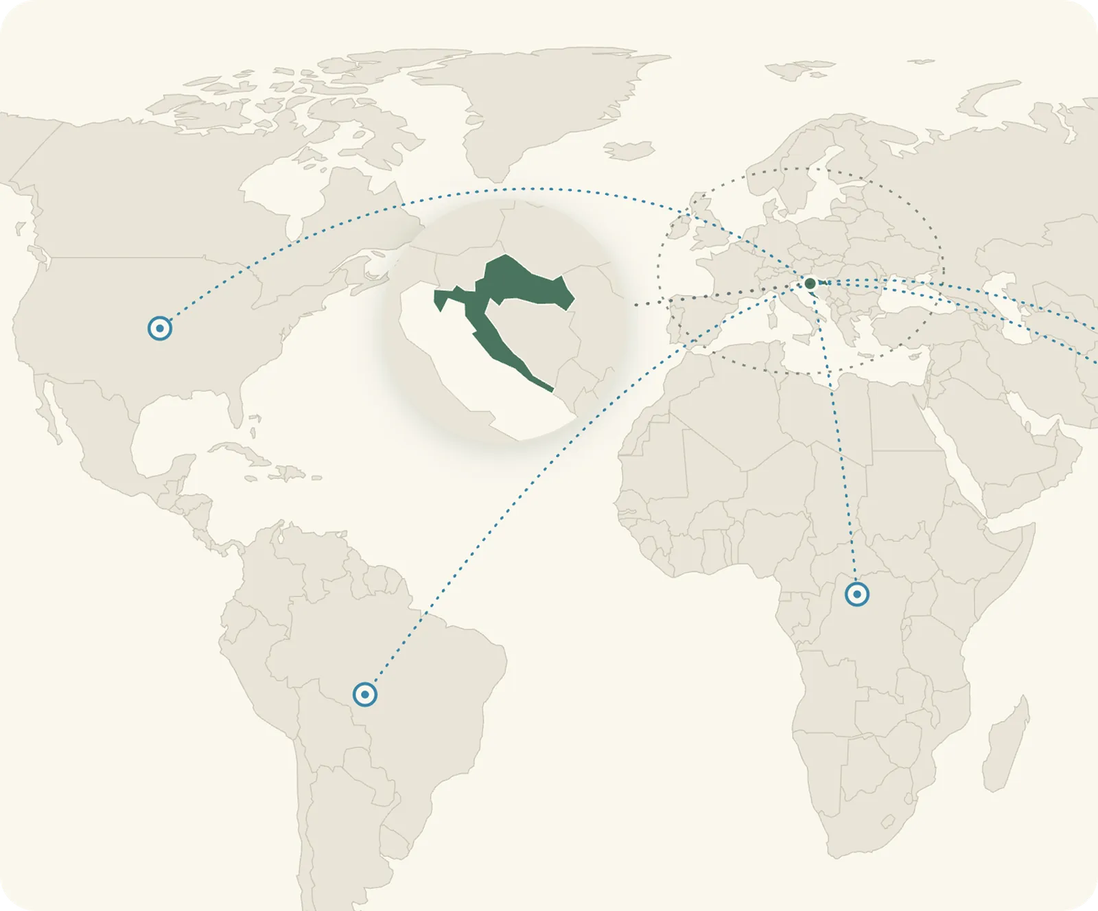 World map highlighting Croatia as Earth Ledger's expansion origin
