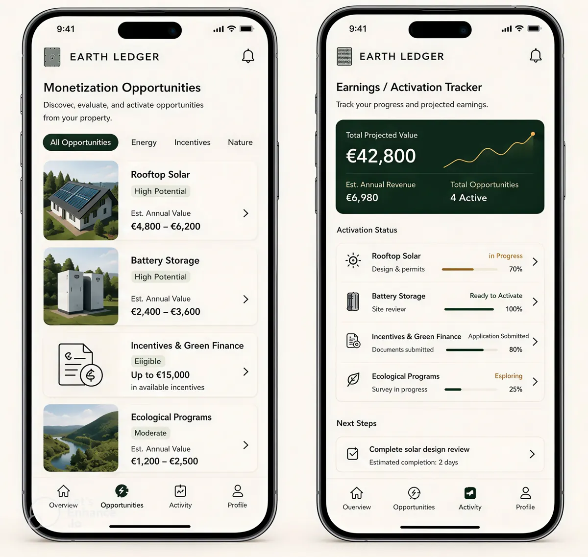 Earth Ledger mobile app showing monetization opportunities and an earnings tracker