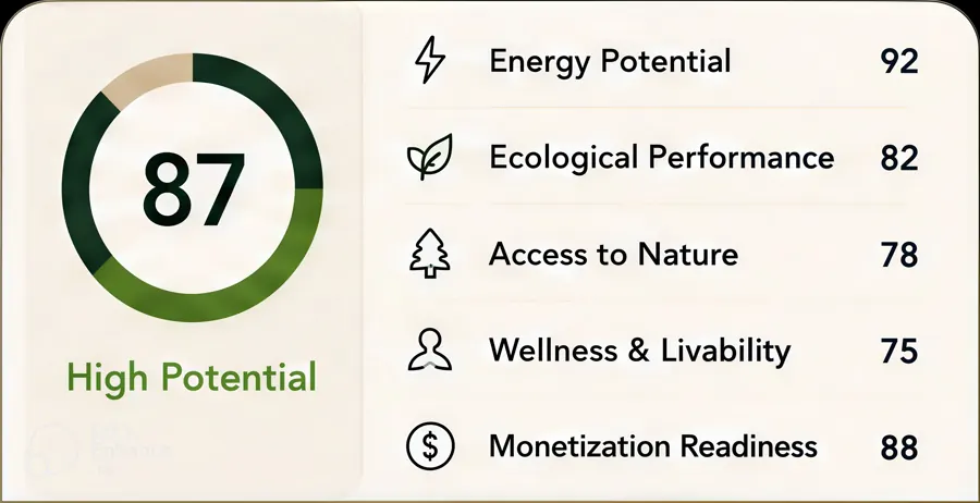 EcoYield high-potential score card showing parcel performance metrics